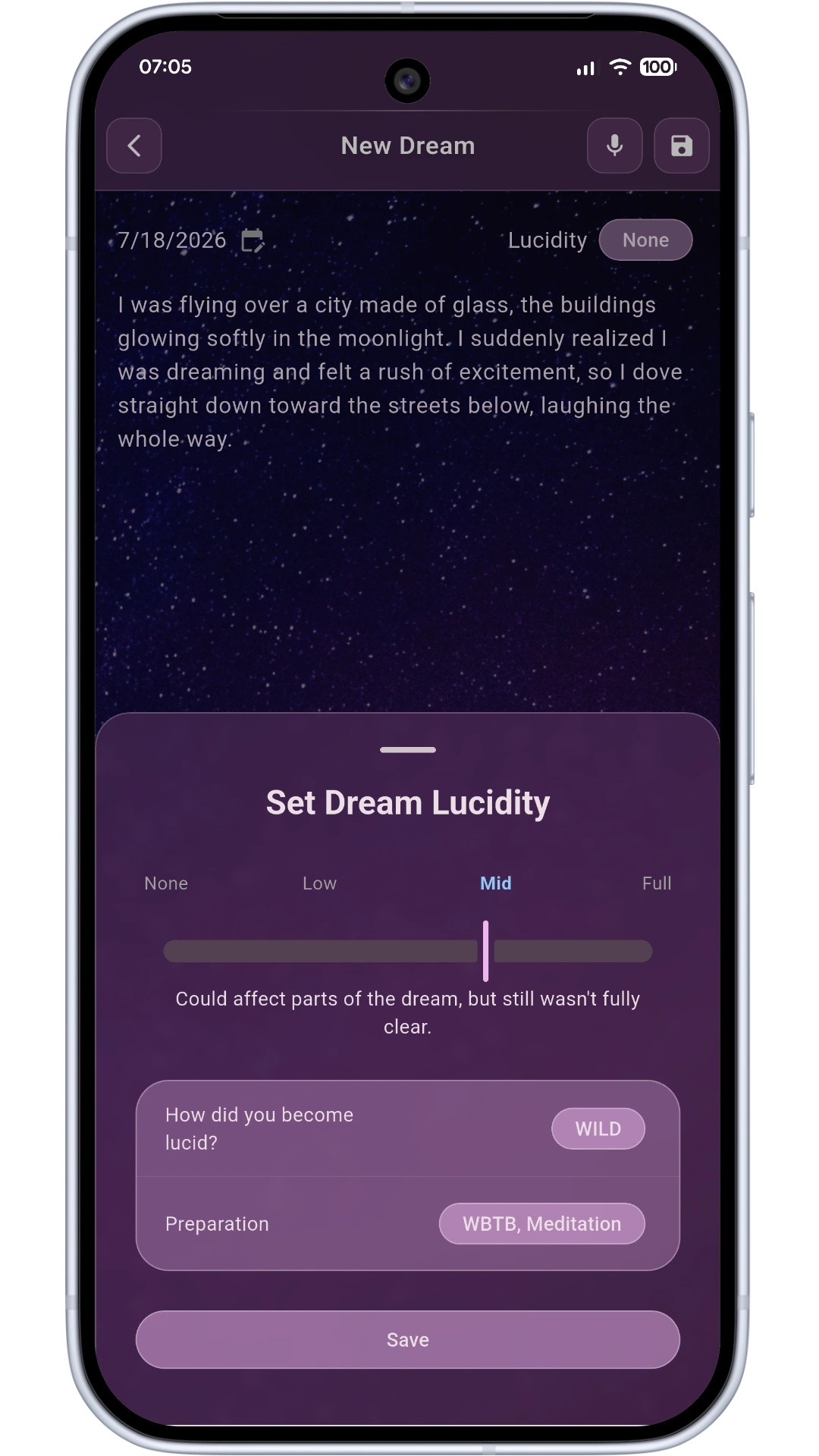Lucidity and technique tracking screen
