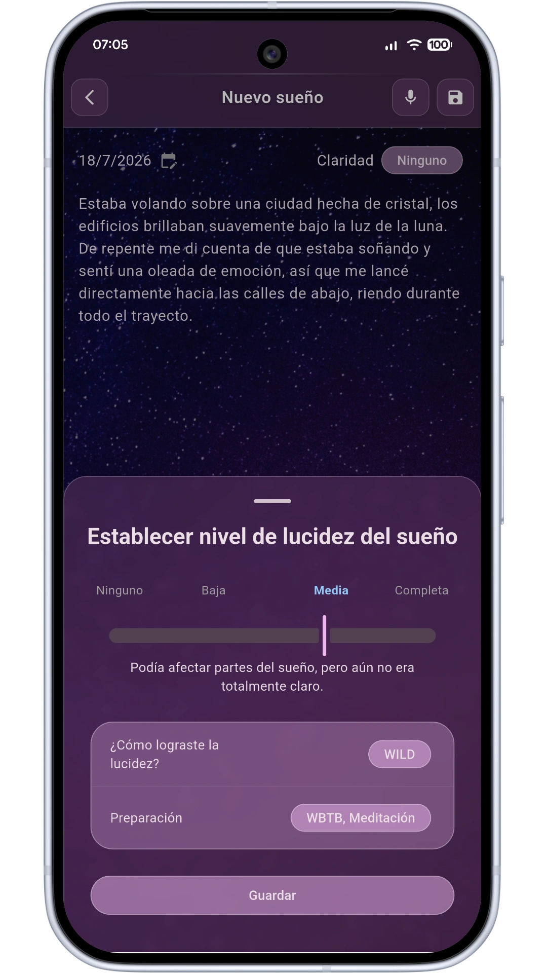 Lucidity and technique tracking screen