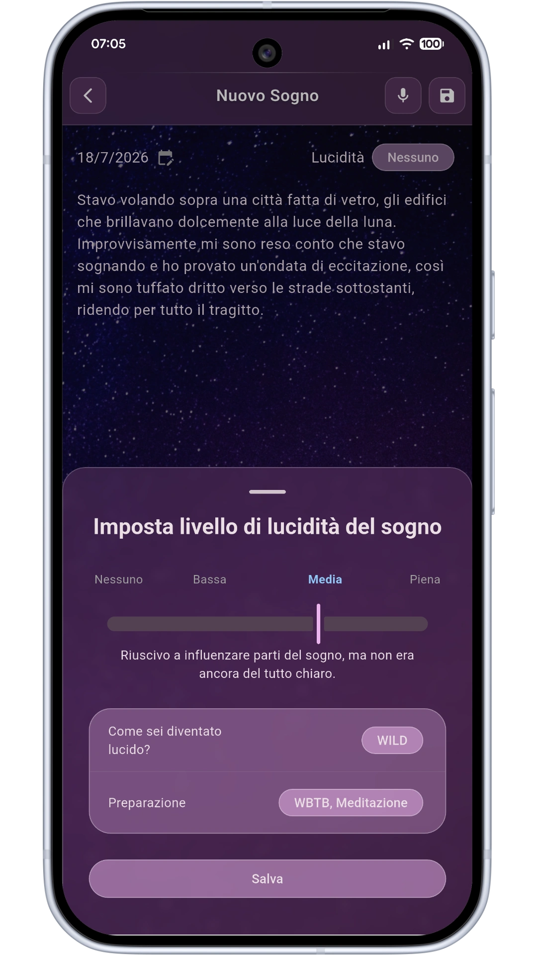 Lucidity and technique tracking screen