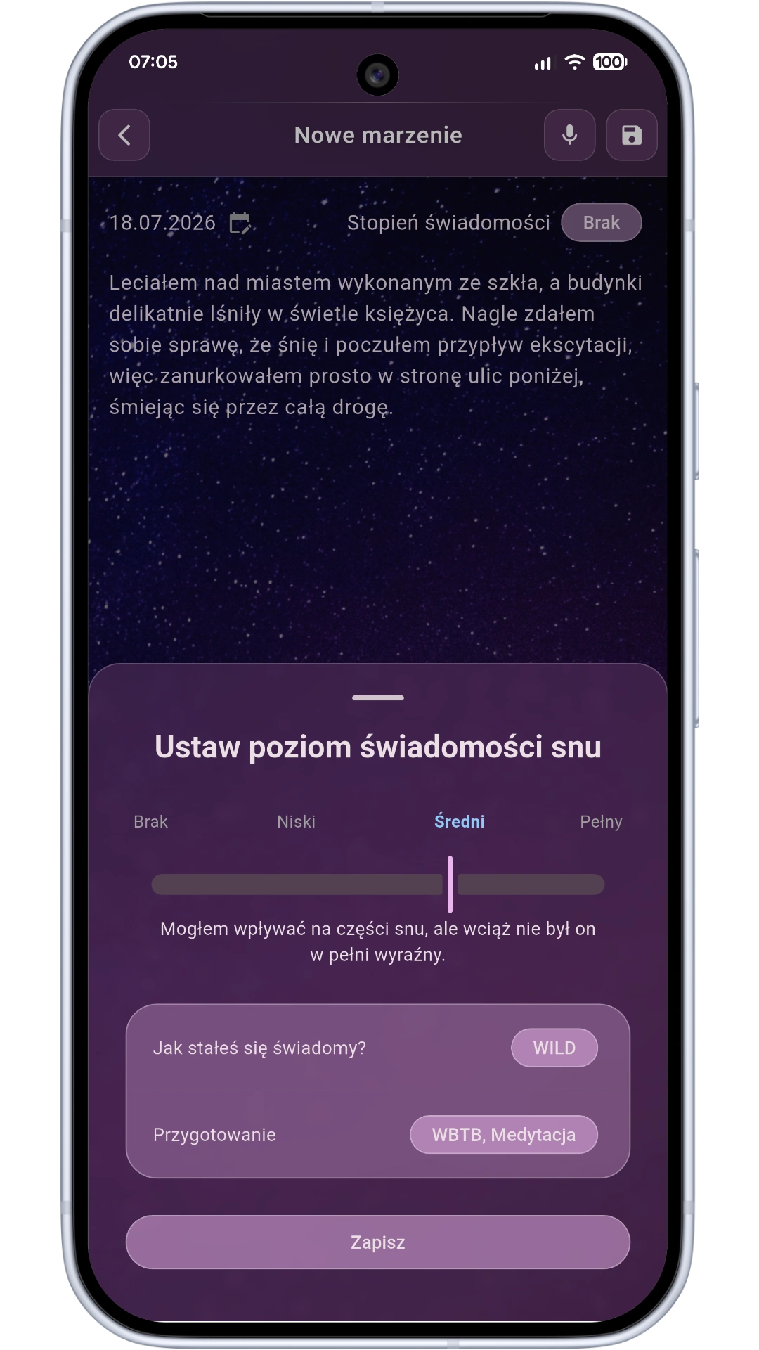 Lucidity and technique tracking screen