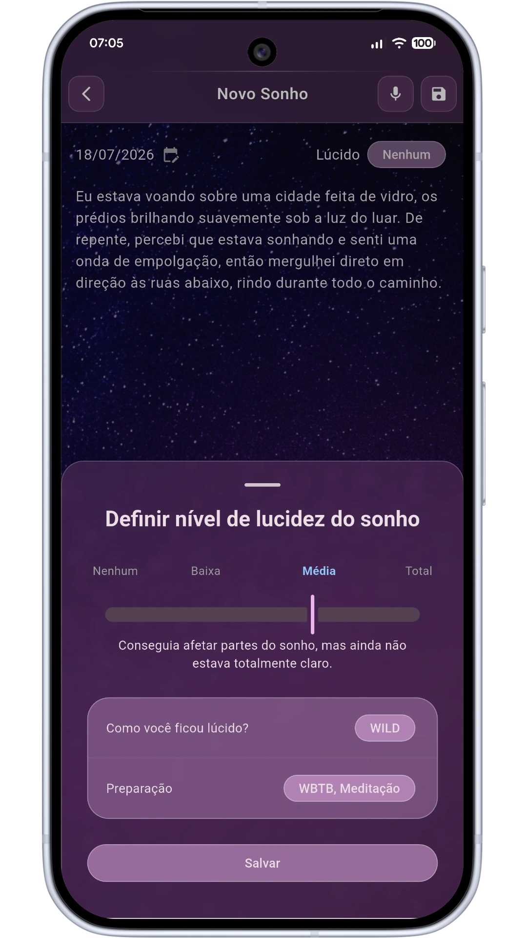 Lucidity and technique tracking screen